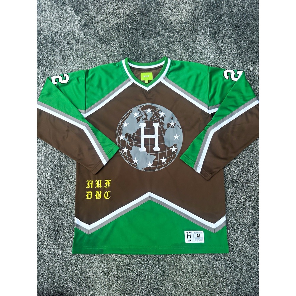 HUF Worldwide Football Jersey Mens M Brown Green Globe Long Sleeve Streetwear